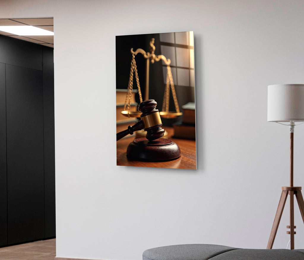 Scales of Justice and Gavel Glass Wall Art in a modern interior