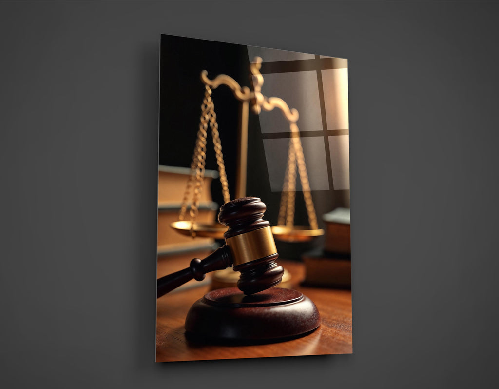 Scales of Justice and Gavel Glass Wall Art close-up