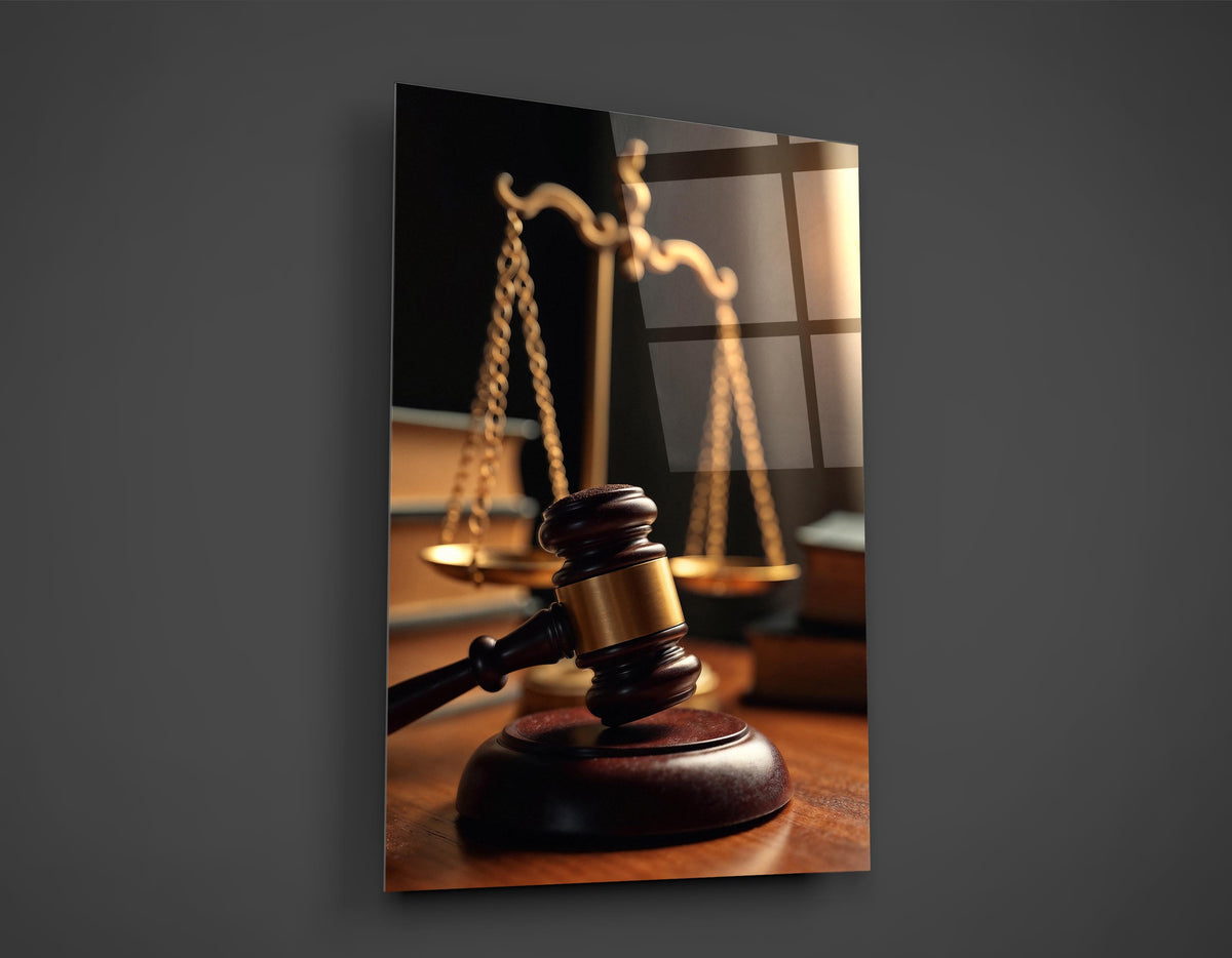 Scales of Justice and Gavel Glass Wall Art close-up