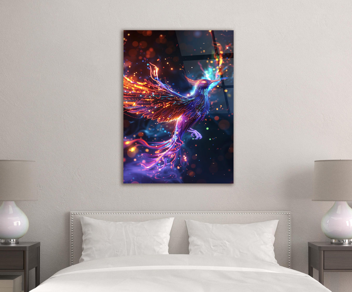Neon Cosmic Phoenix Glass Wall Art in a living room interior