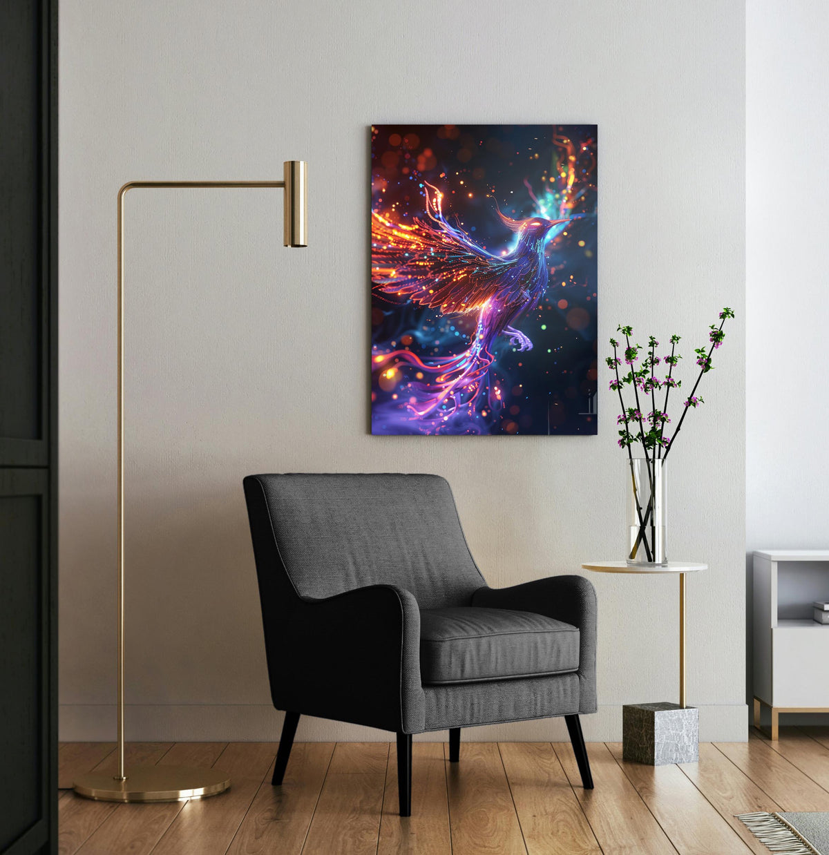 Neon Cosmic Phoenix Glass Wall Art in a modern interior