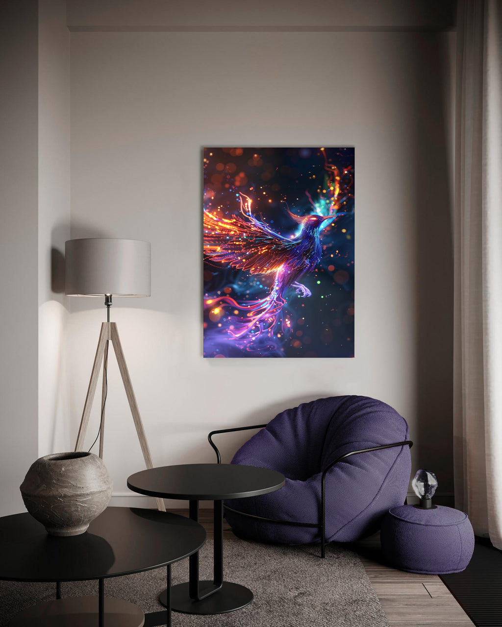 Neon Cosmic Phoenix Glass Wall Art on the wall