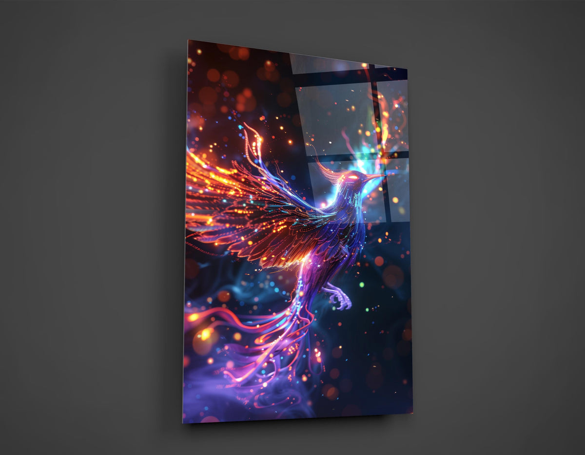 Neon Cosmic Phoenix Glass Wall Art close-up