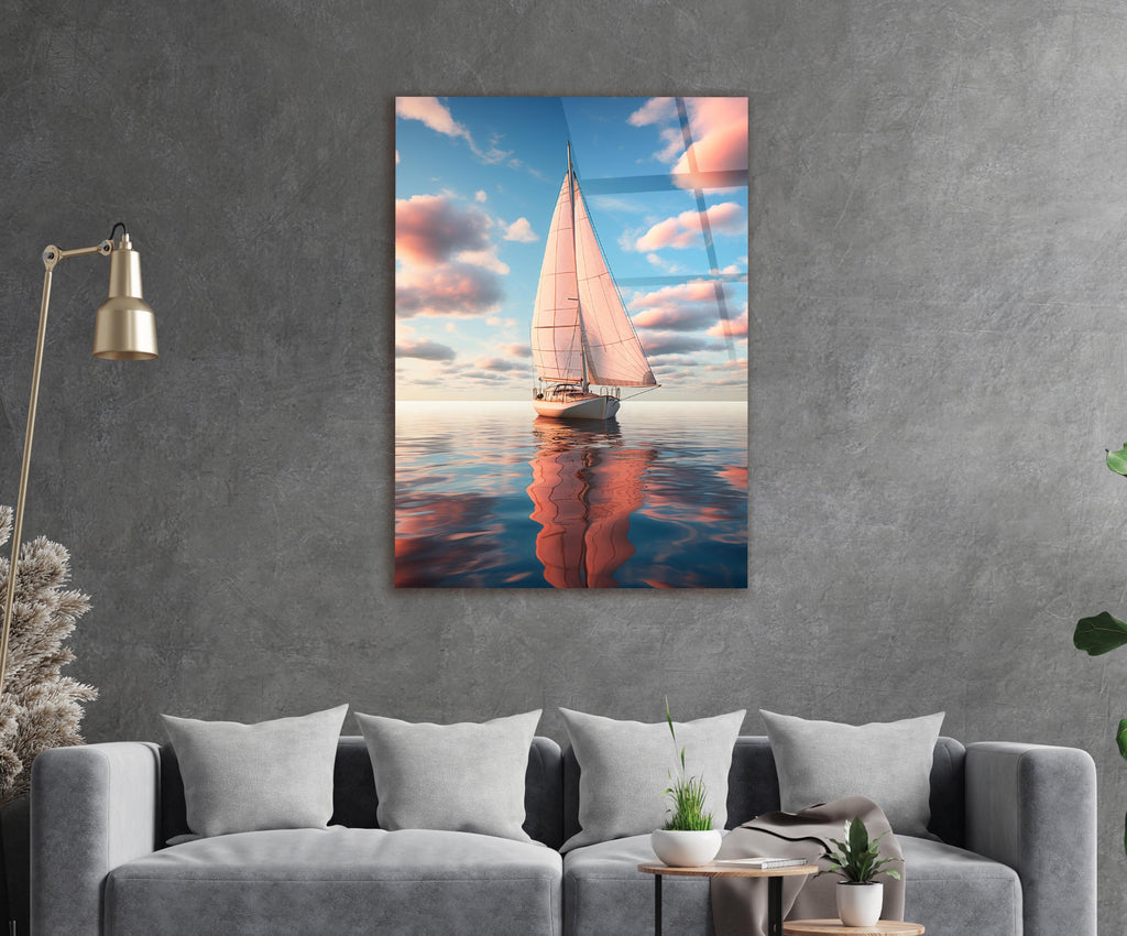 Sailboat on a Calm Pastel Sea Glass Wall Art in a living room interior