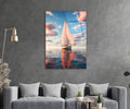 Sailboat on a Calm Pastel Sea Glass Wall Art in a living room interior
