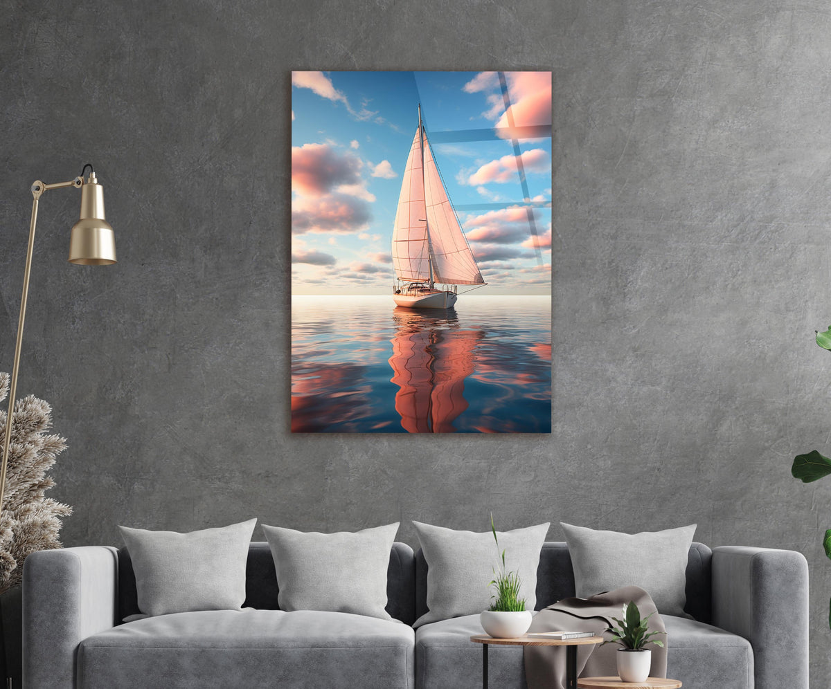 Sailboat on a Calm Pastel Sea Glass Wall Art in a living room interior