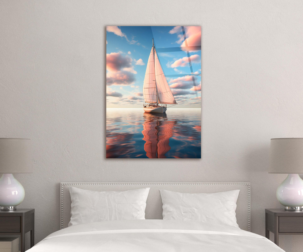 Sailboat on a Calm Pastel Sea Glass Wall Art in a modern interior