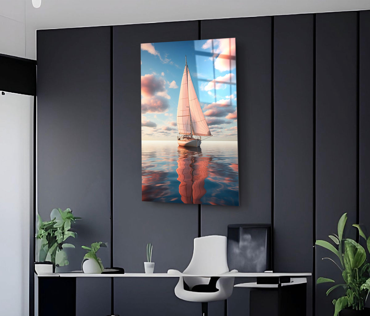 Sailboat on a Calm Pastel Sea Glass Wall Art on the wall