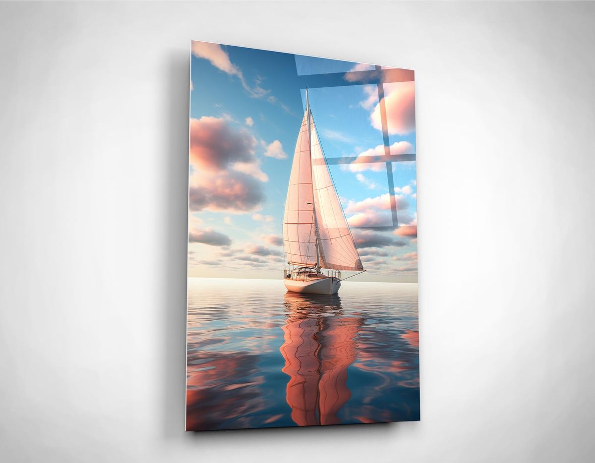 Sailboat on a Calm Pastel Sea Glass Wall Art close-up