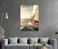 Sailboat at Golden Sunset Glass Wall Art in a living room interior
