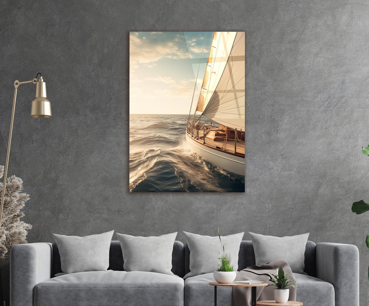 Sailboat at Golden Sunset Glass Wall Art in a living room interior