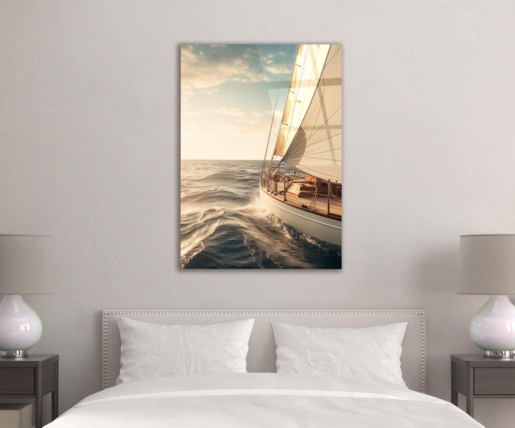 Sailboat at Golden Sunset Glass Wall Art in a modern interior