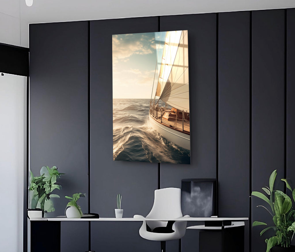 Sailboat at Golden Sunset Glass Wall Art on the wall