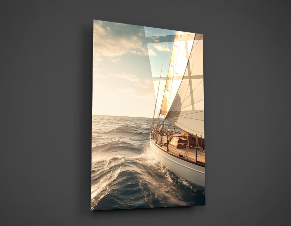 Sailboat at Golden Sunset Glass Wall Art close-up
