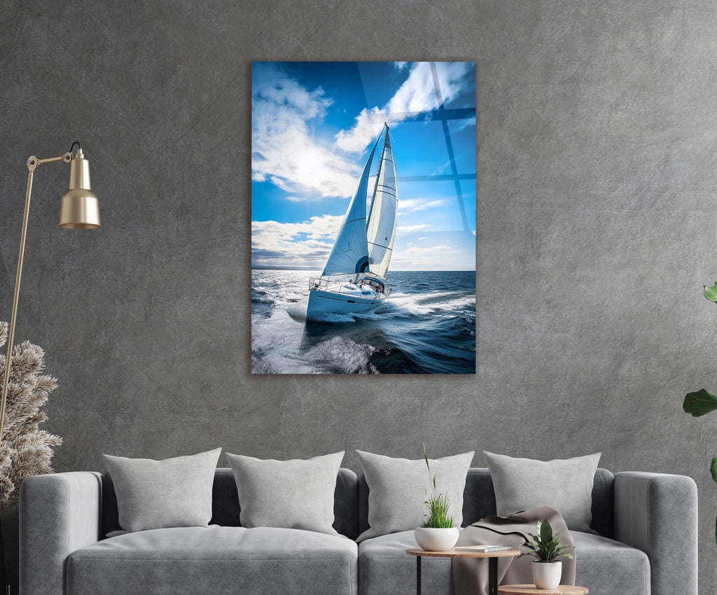 Sailboat Under Blue Sky Glass Wall Art in a living room interior