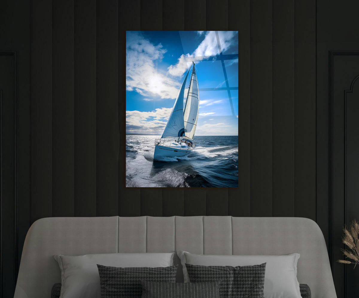 Sailboat Under Blue Sky Glass Wall Art in a modern interior
