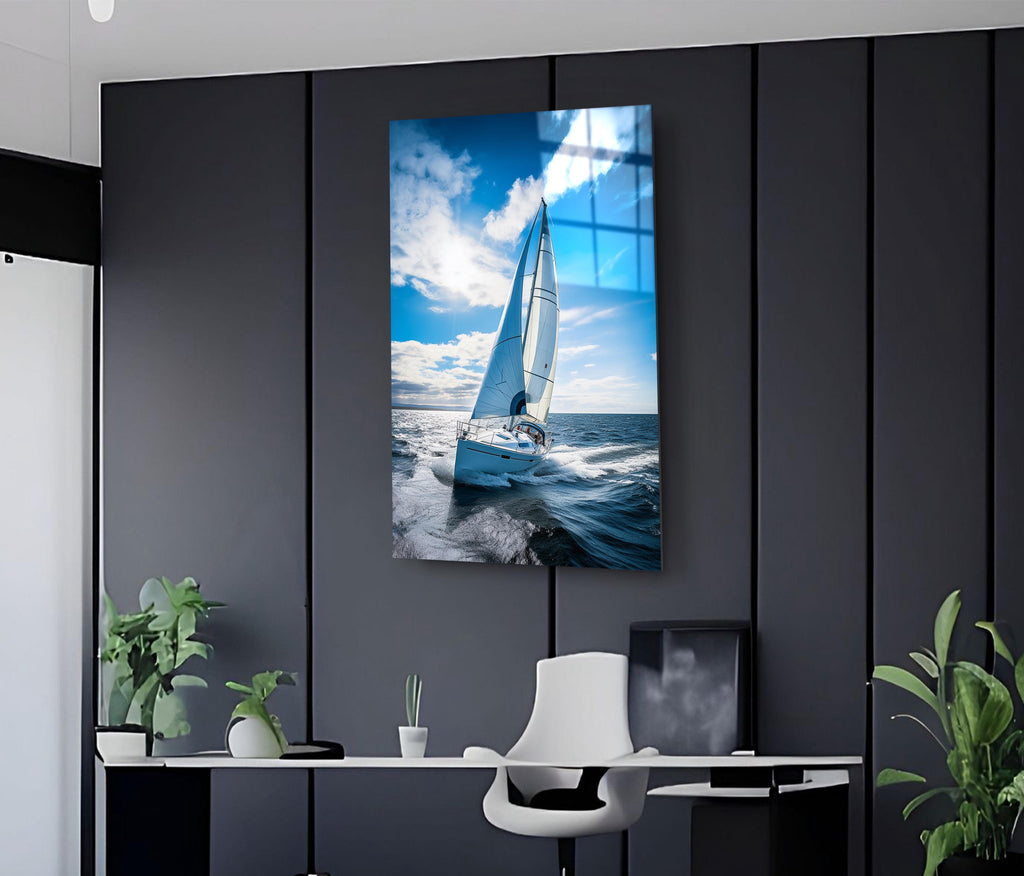 Sailboat Under Blue Sky Glass Wall Art on the wall