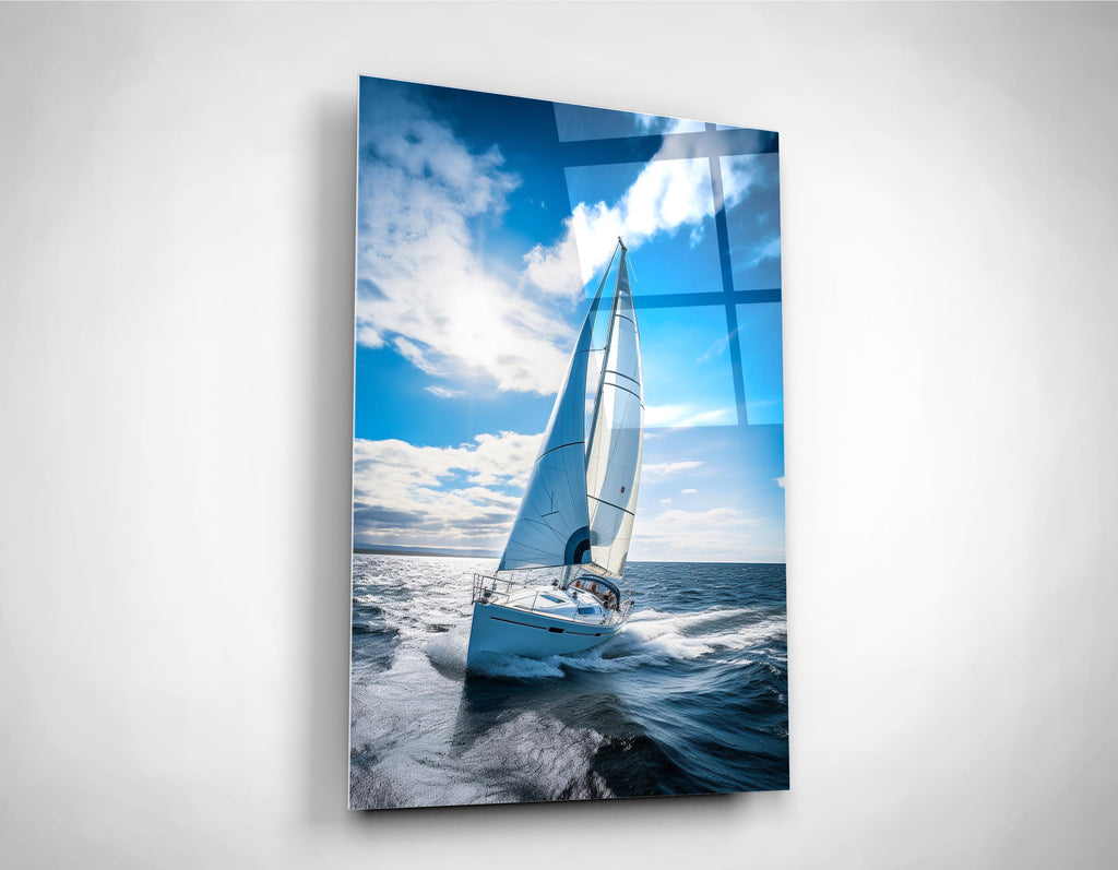 Sailboat Under Blue Sky Glass Wall Art close-up