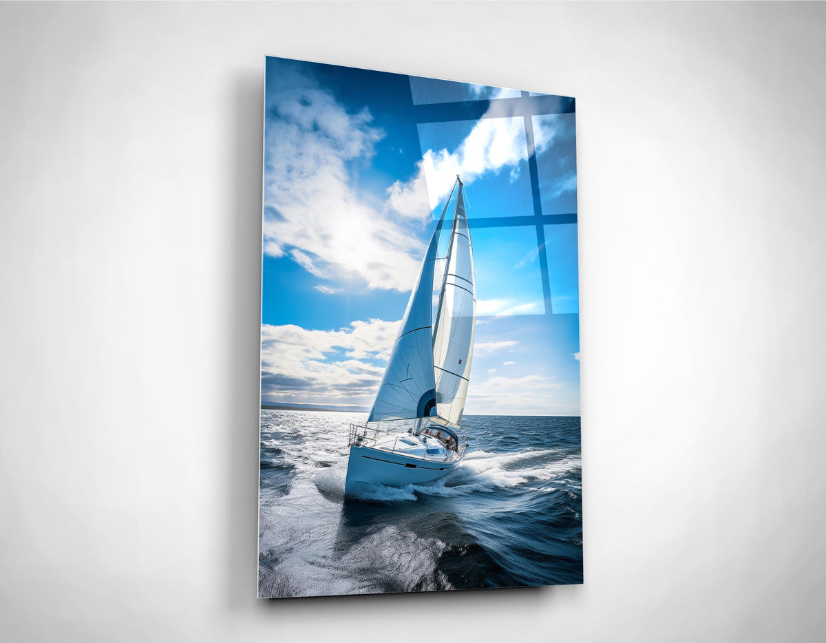 Sailboat Under Blue Sky Glass Wall Art close-up