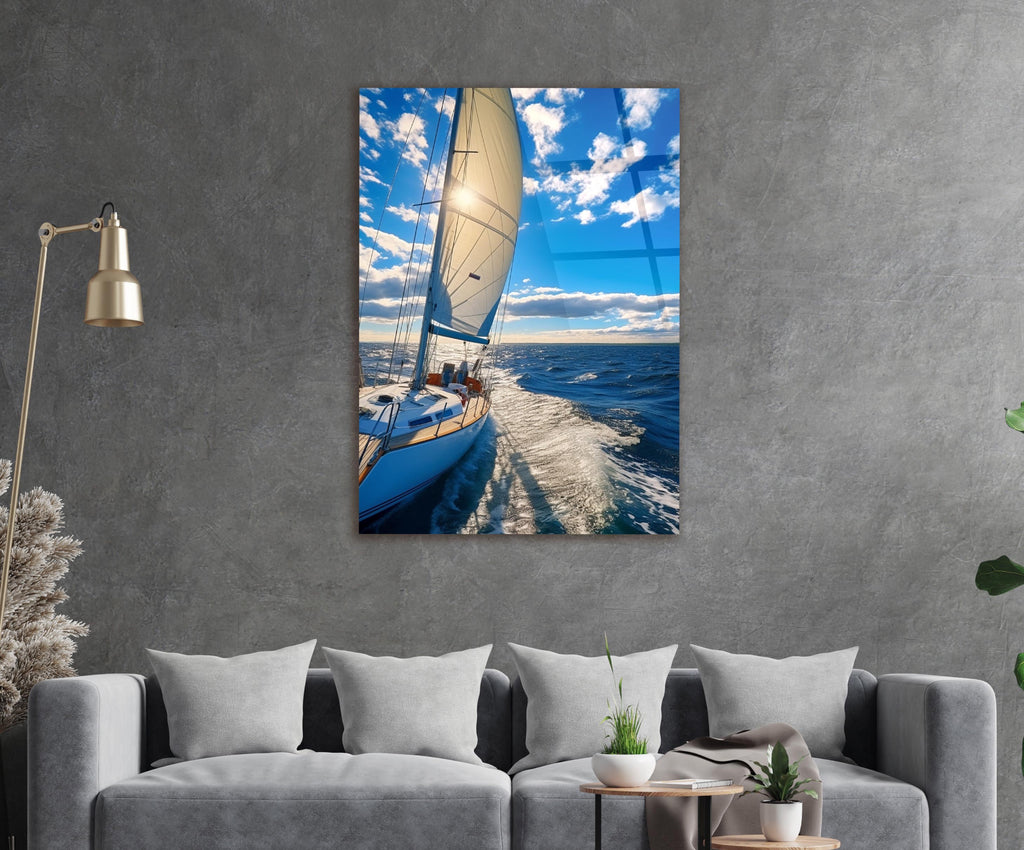 Sailing Yacht Deck View Glass Wall Art in a living room interior