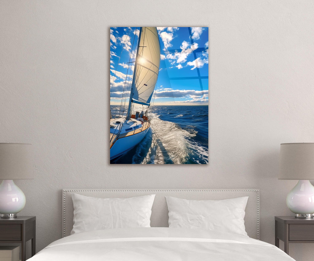 Sailing Yacht Deck View Glass Wall Art in a modern interior