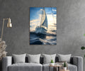 Sailboat Riding Ocean Waves Glass Wall Art in a living room interior