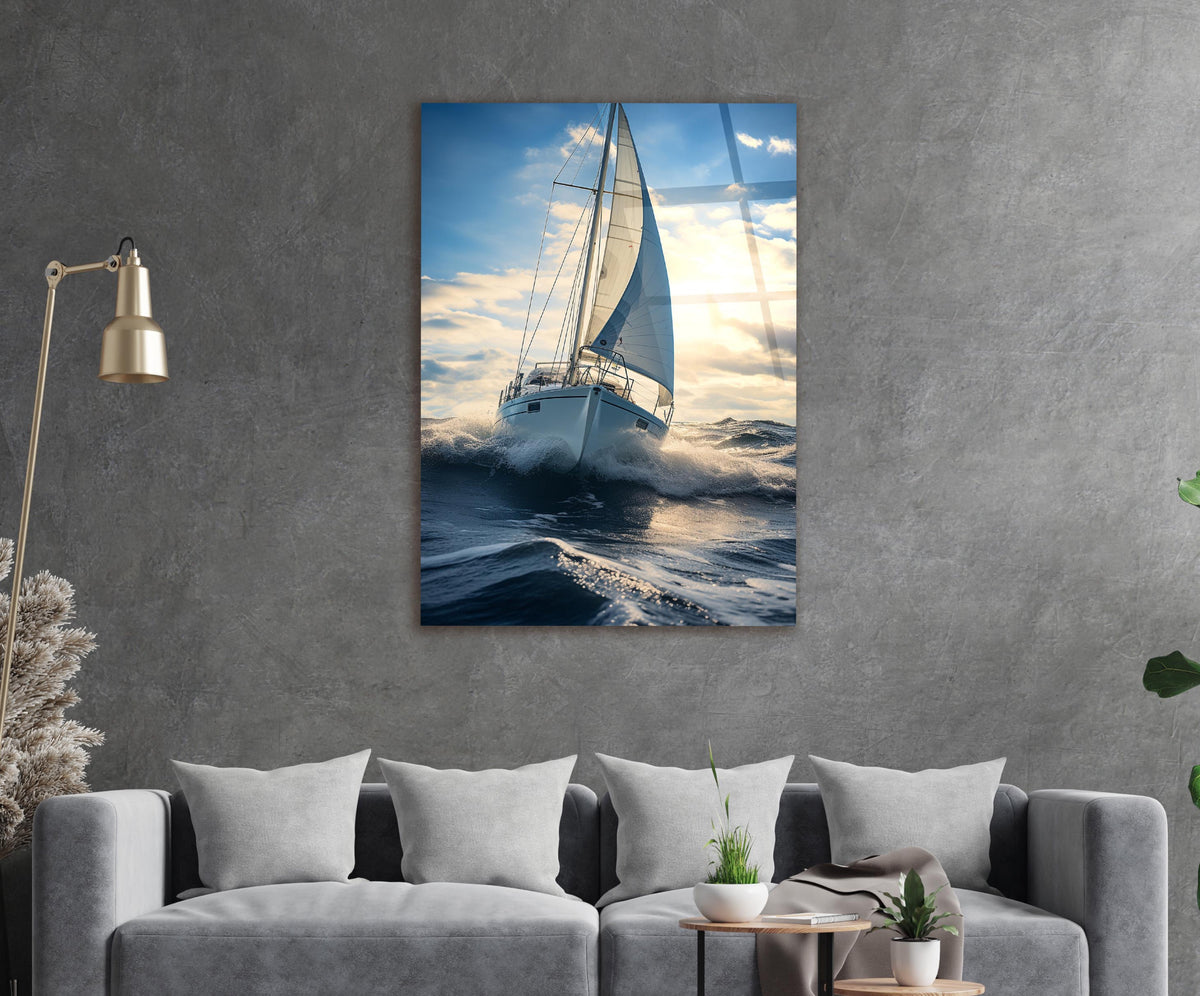 Sailboat Riding Ocean Waves Glass Wall Art in a living room interior