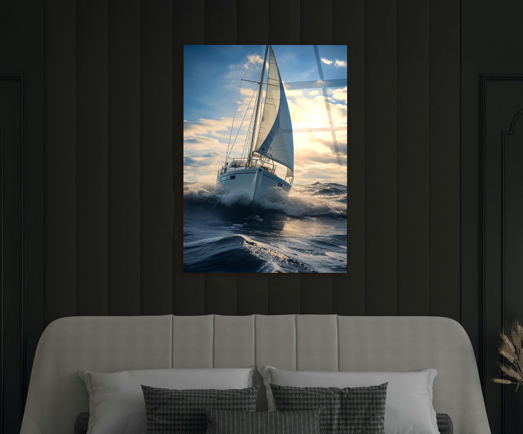 Sailboat Riding Ocean Waves Glass Wall Art in a modern interior
