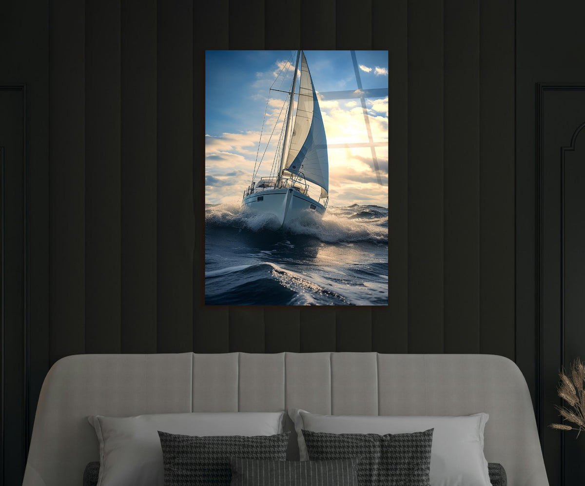 Sailboat Riding Ocean Waves Glass Wall Art in a modern interior