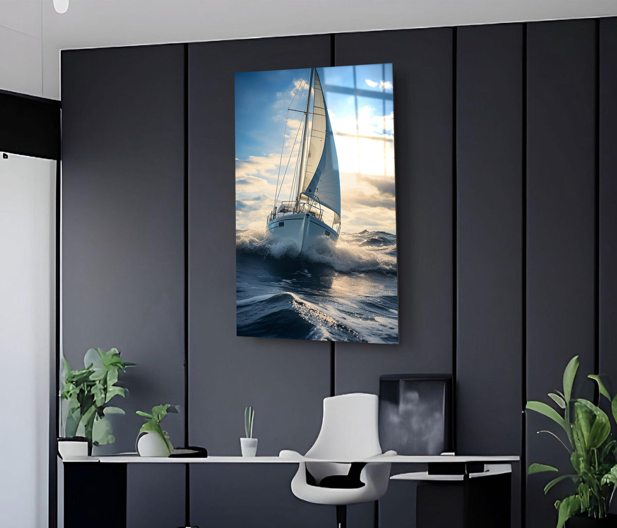 Sailboat Riding Ocean Waves Glass Wall Art on the wall