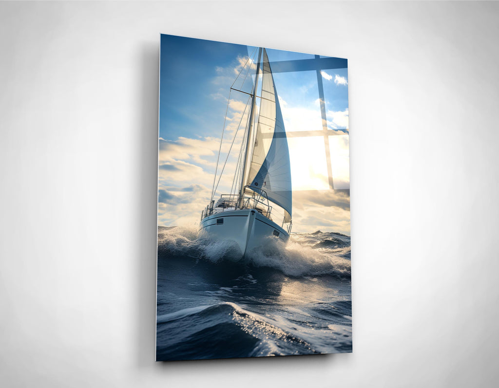 Sailboat Riding Ocean Waves Glass Wall Art close-up