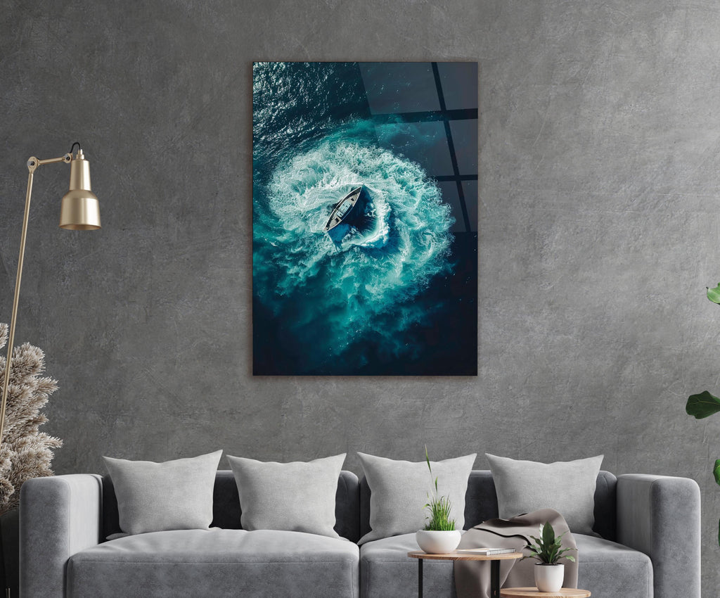 Aerial Speedboat Turquoise Wake Glass Wall Art in a living room interior