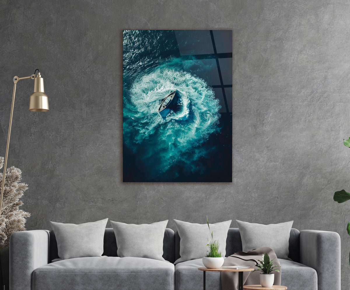 Aerial Speedboat Turquoise Wake Glass Wall Art in a living room interior
