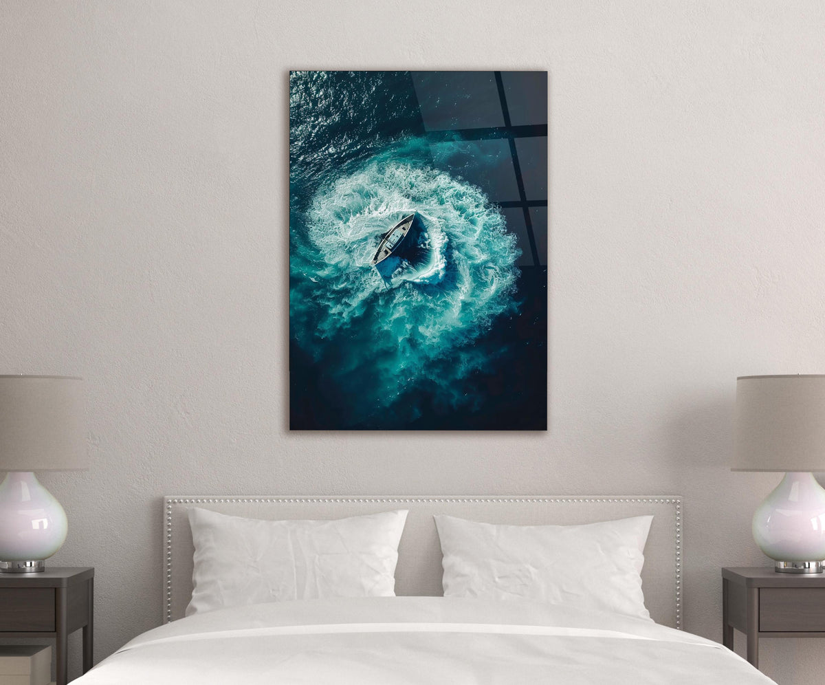 Aerial Speedboat Turquoise Wake Glass Wall Art in a modern interior