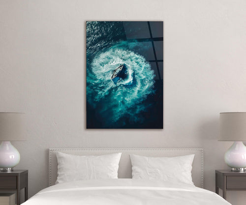 Aerial Speedboat Turquoise Wake Glass Wall Art in a modern interior