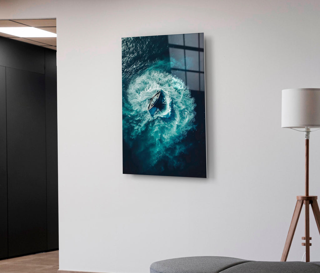 Aerial Speedboat Turquoise Wake Glass Wall Art on the wall