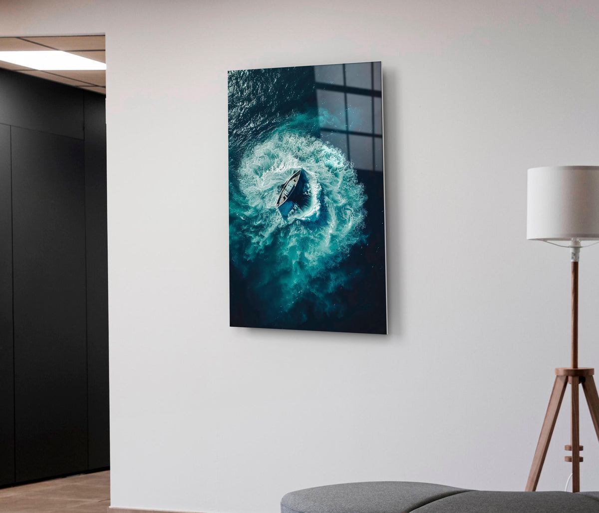 Aerial Speedboat Turquoise Wake Glass Wall Art on the wall