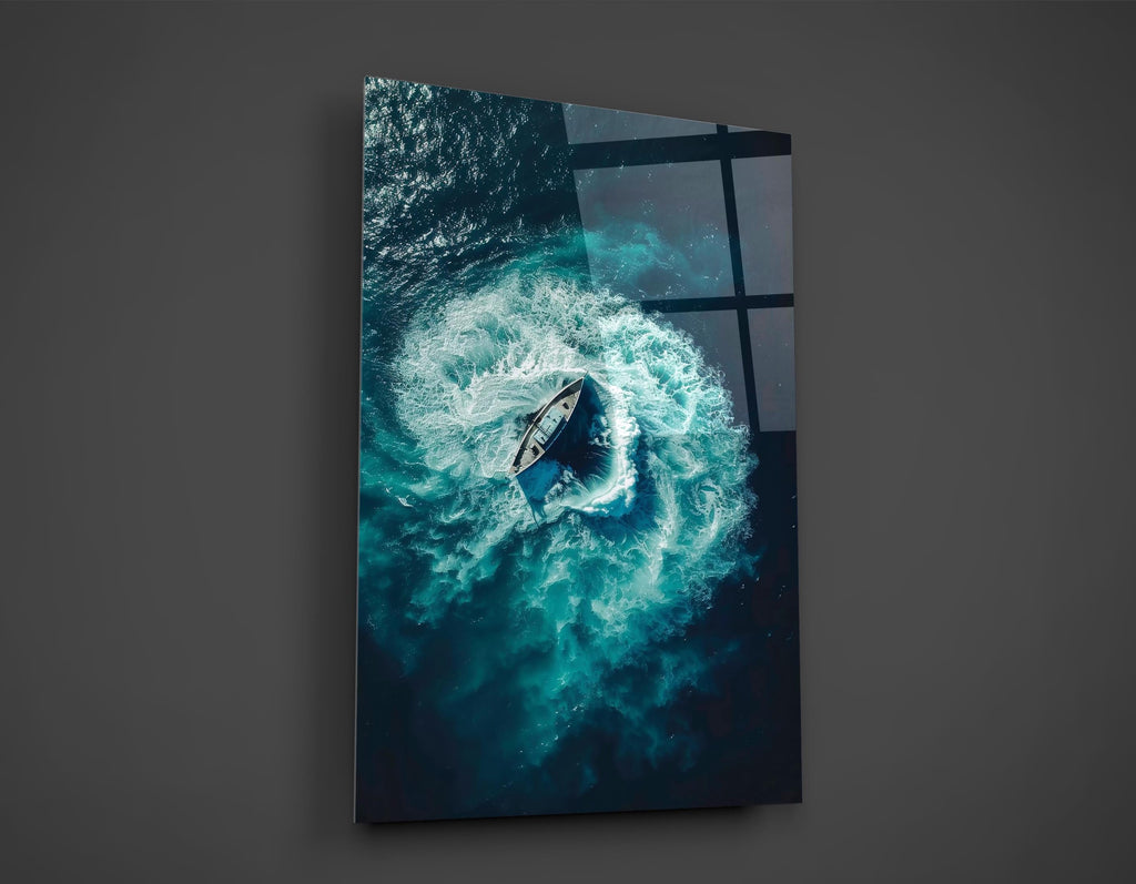 Aerial Speedboat Turquoise Wake Glass Wall Art close-up