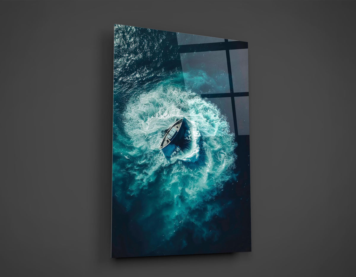Aerial Speedboat Turquoise Wake Glass Wall Art close-up