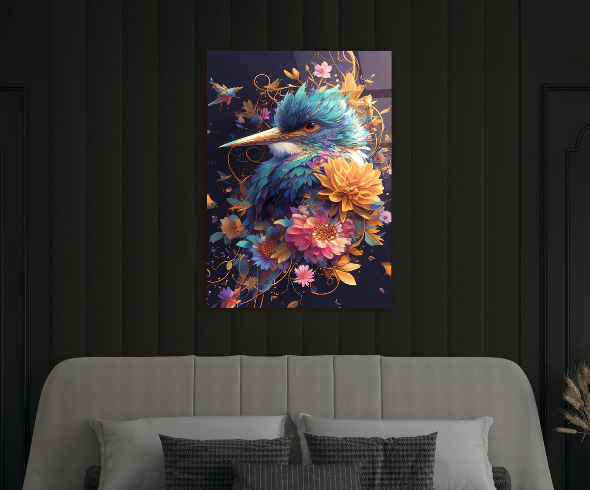 Floral Kingfisher Bird Glass Wall Art in a modern interior