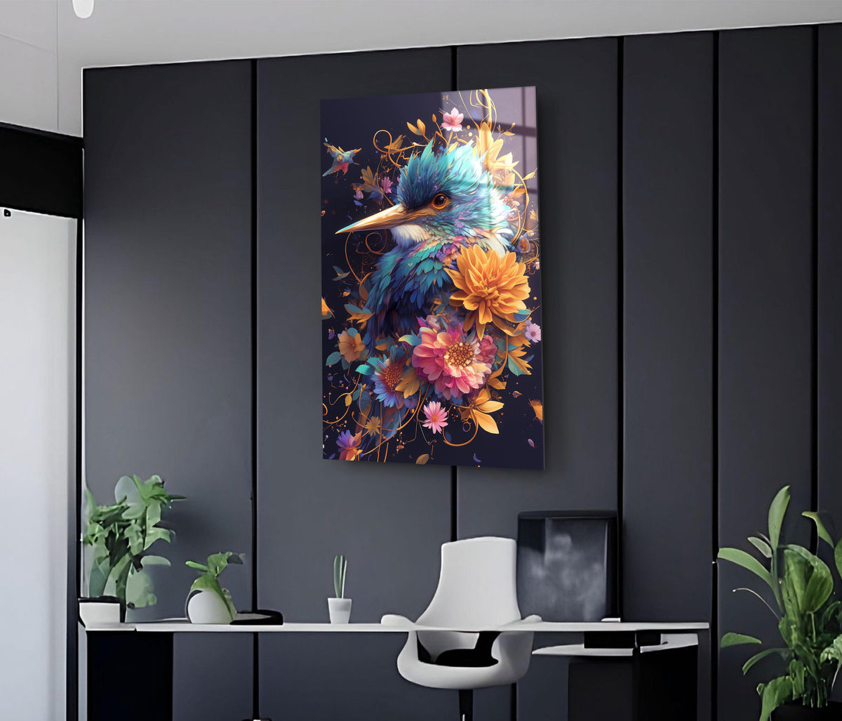 Floral Kingfisher Bird Glass Wall Art on the wall