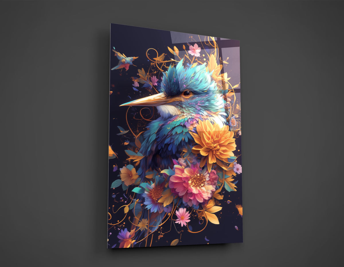 Floral Kingfisher Bird Glass Wall Art close-up