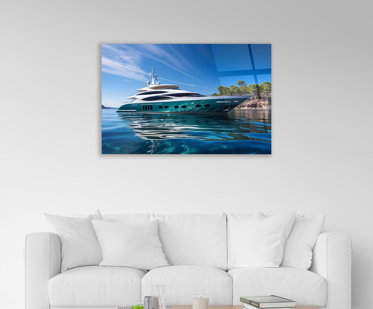 Luxury Yacht in Turquoise Bay Glass Wall Art in a living room interior