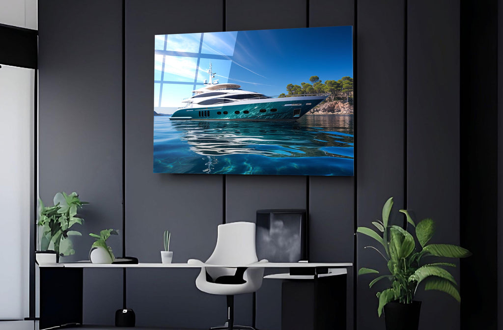 Luxury Yacht in Turquoise Bay Glass Wall Art in a modern interior
