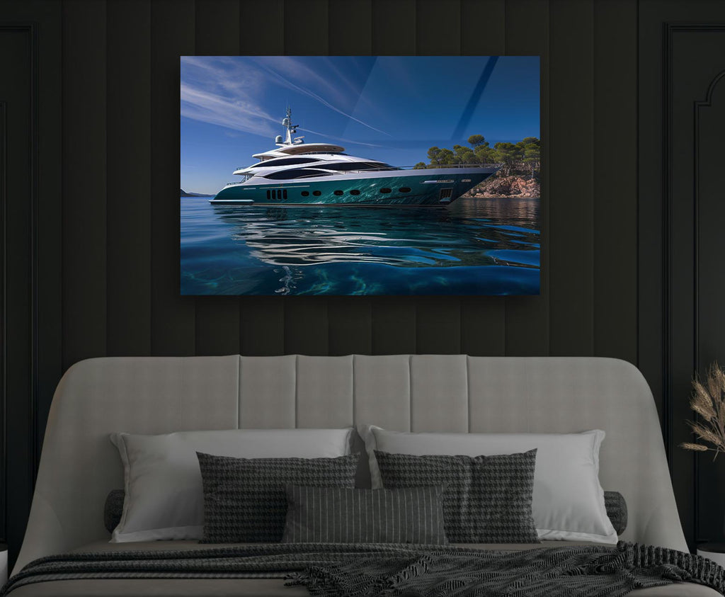 Luxury Yacht in Turquoise Bay Glass Wall Art on the wall