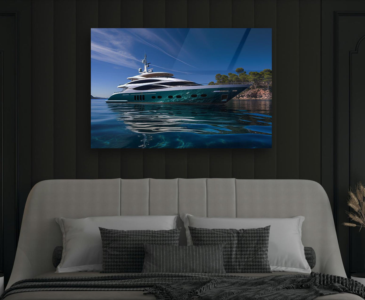 Luxury Yacht in Turquoise Bay Glass Wall Art on the wall