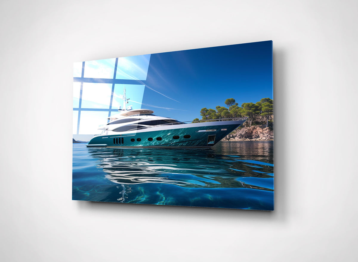 Luxury Yacht in Turquoise Bay Glass Wall Art close-up