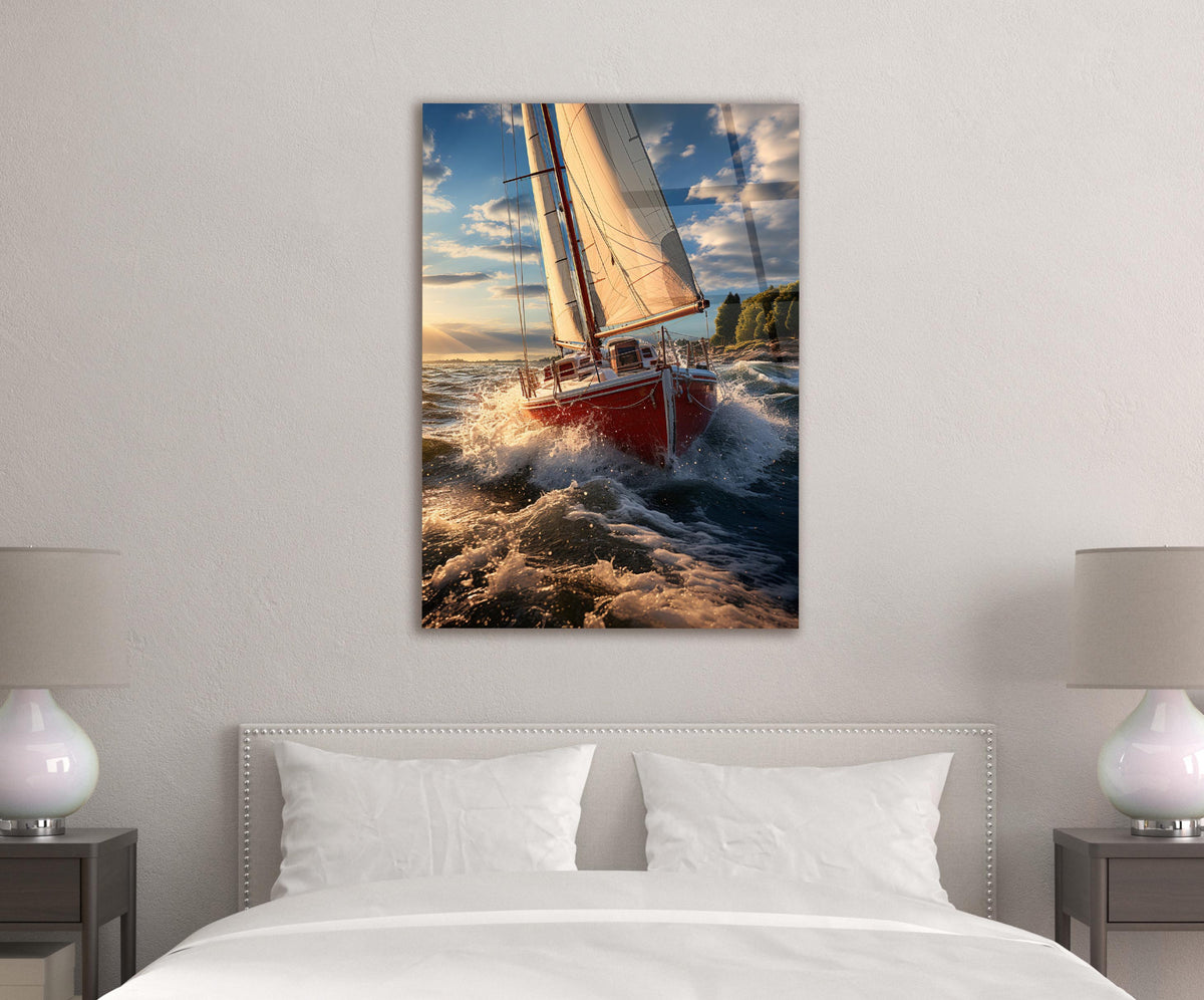 Red Sailboat Riding Golden Waves Glass Wall Art in a living room interior