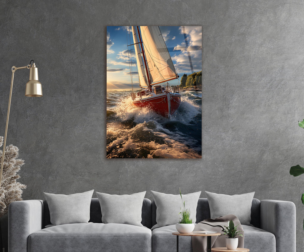 Red Sailboat Riding Golden Waves Glass Wall Art in a modern interior