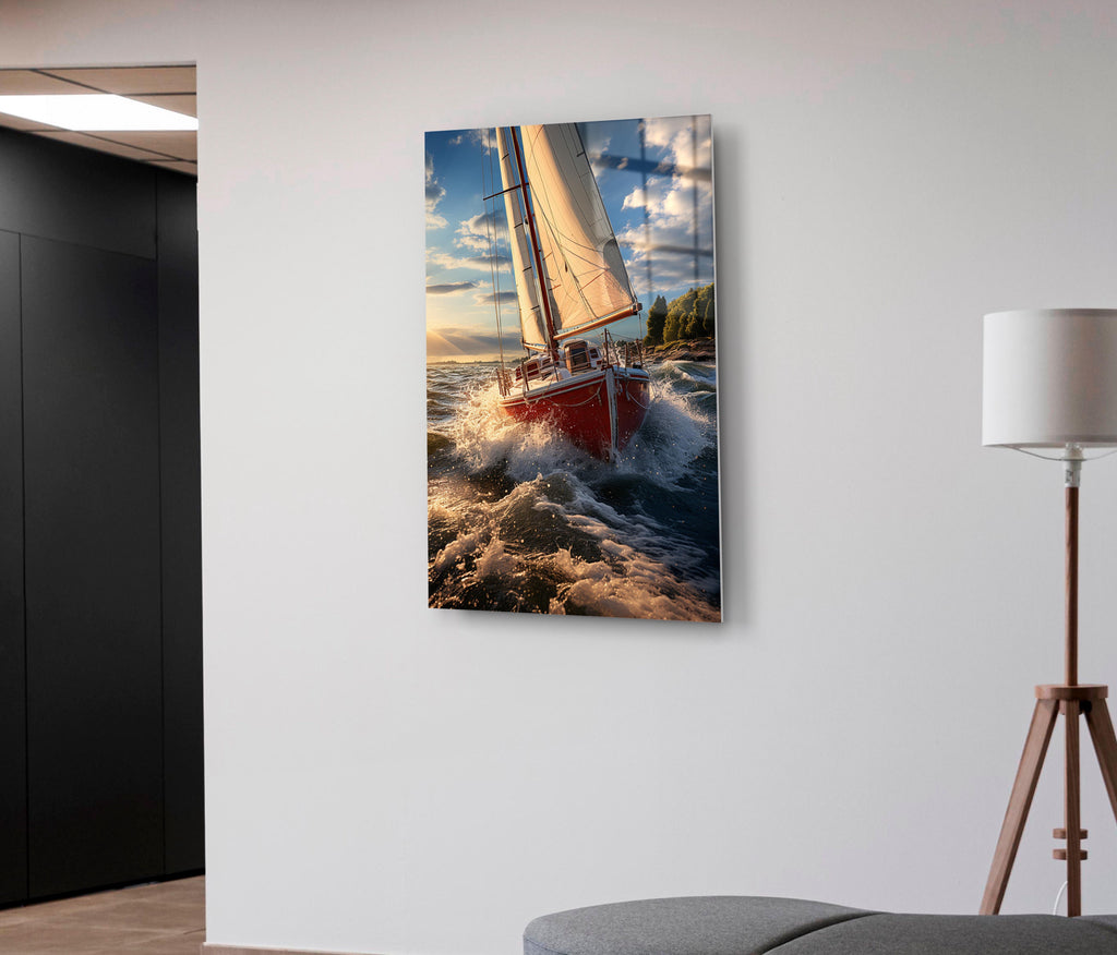Red Sailboat Riding Golden Waves Glass Wall Art on the wall
